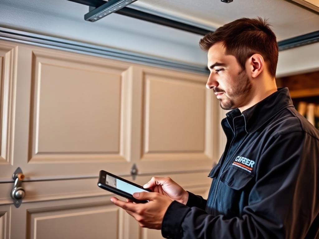 Professional garage door technician performing digital inspection with tablet in Rotonda West